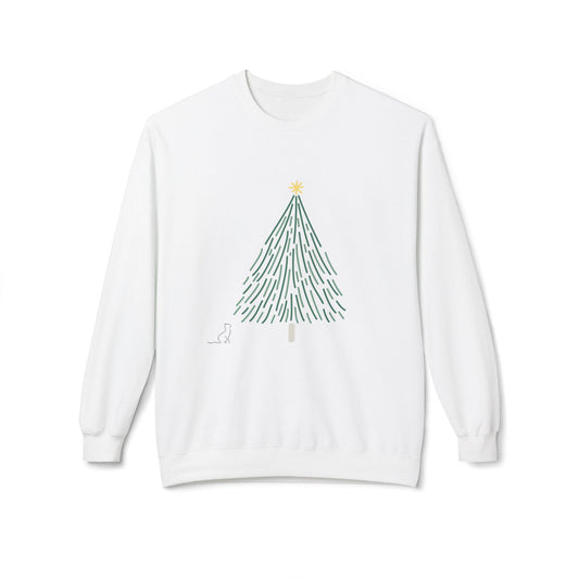 Cat Under Tree Christmas Sweatshirt — Minimalist Holiday Crewneck for Cat Lovers